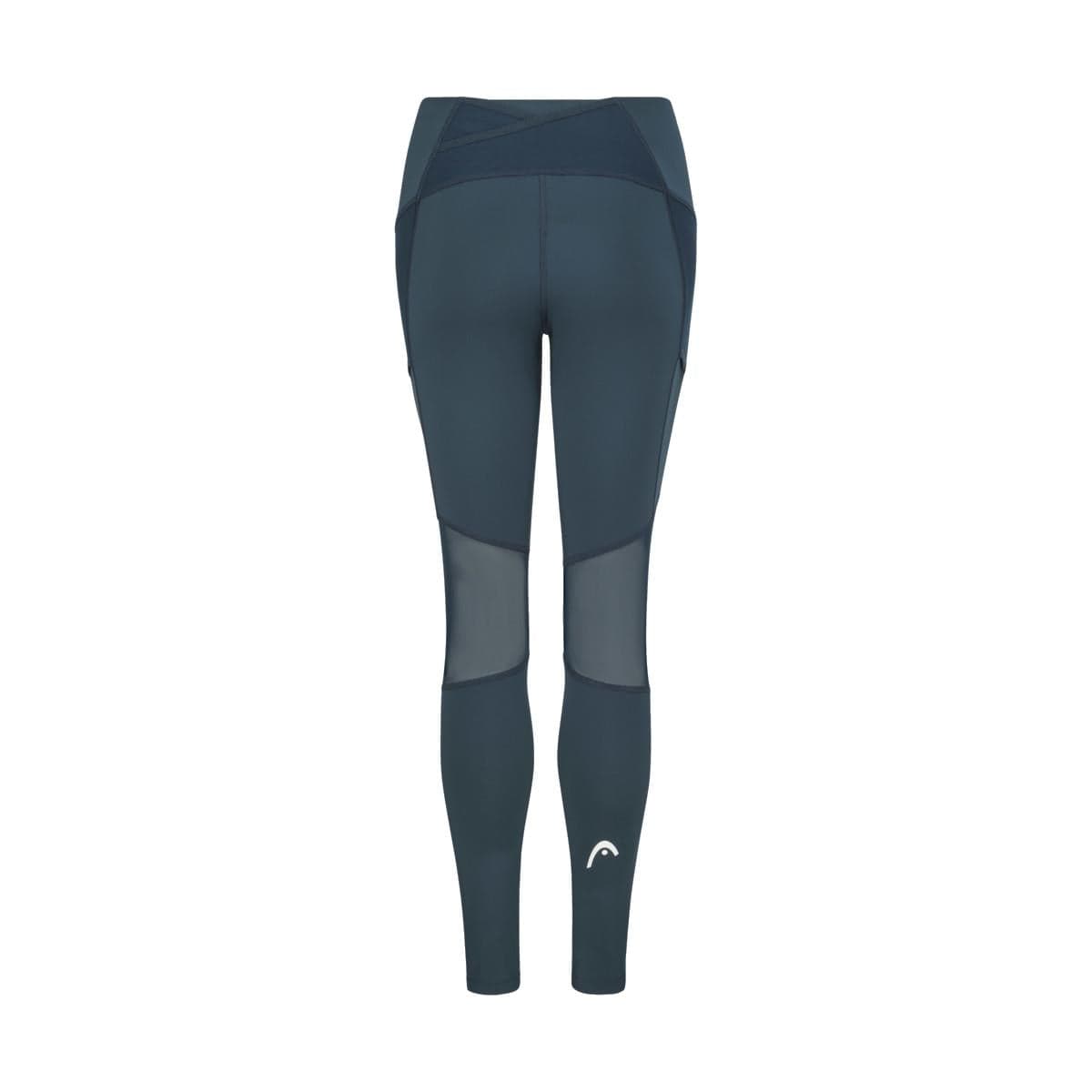 The back view of the HEAD Women's Tech Tennis Tights in navy blue showcases mesh panels on the thighs and a subtle logo near the ankle, designed with Moisture Transfer Microfiber for exceptional comfort.