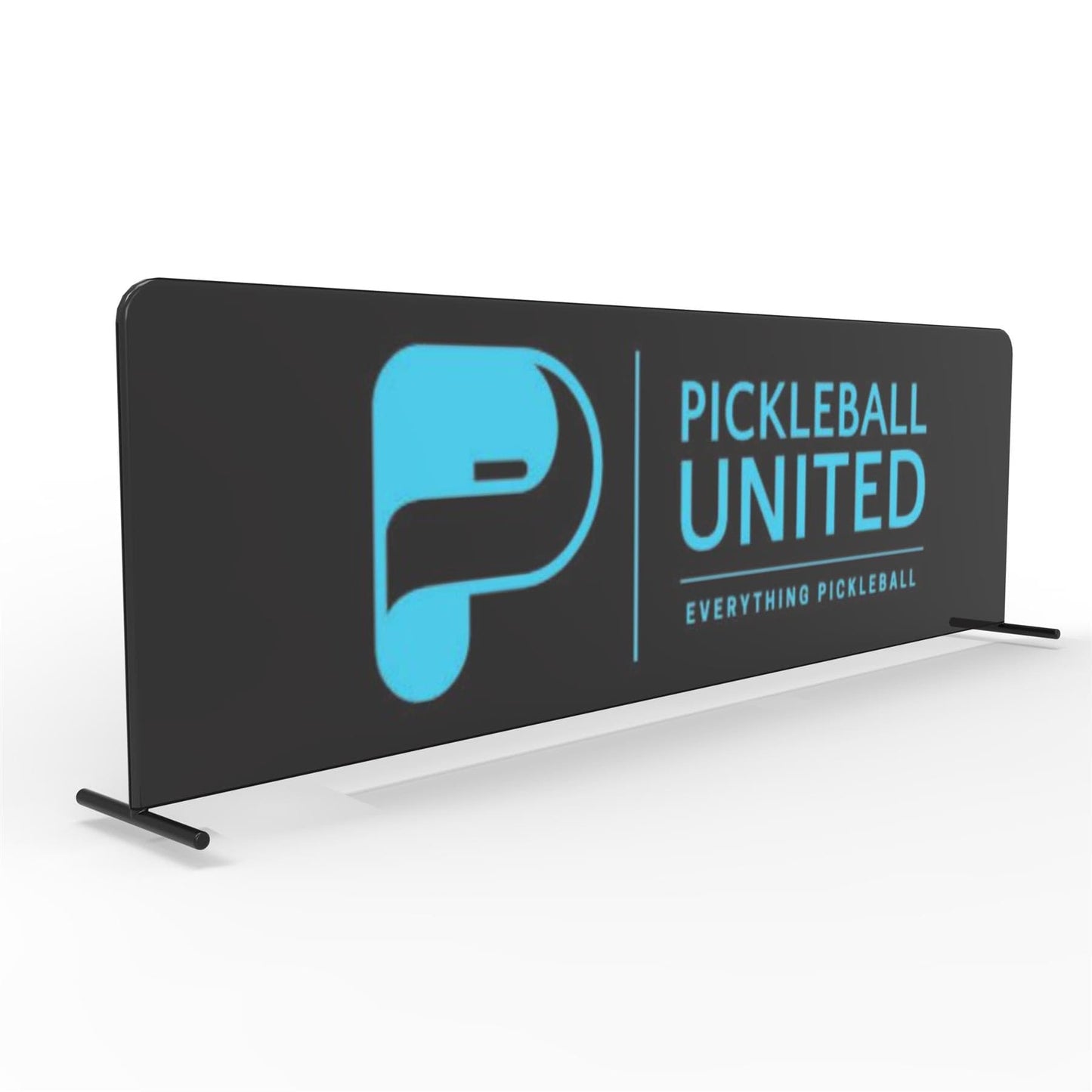 The Pickleball United Court Surround Barrier features a black banner with a large blue "P" logo and "PICKLEBALL UNITED EVERYTHING PICKLEBALL" in blue, supported by steel frame feet—ideal for a professional pickleball court setup.
