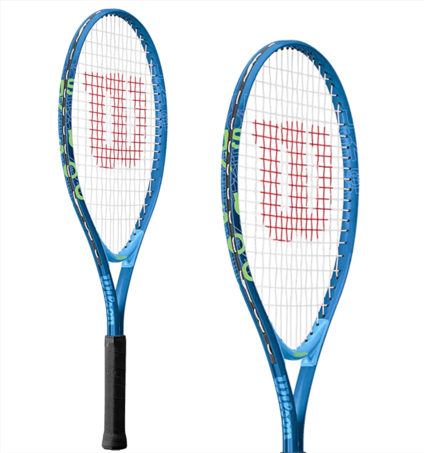 Photographed against a white background are two Wilson US Open 25 Junior Tennis Rackets in blue and white, featuring red "W" logos on the strings. The rackets have black handles and frames with green accents, designed with AirLite frame construction for improved playability.