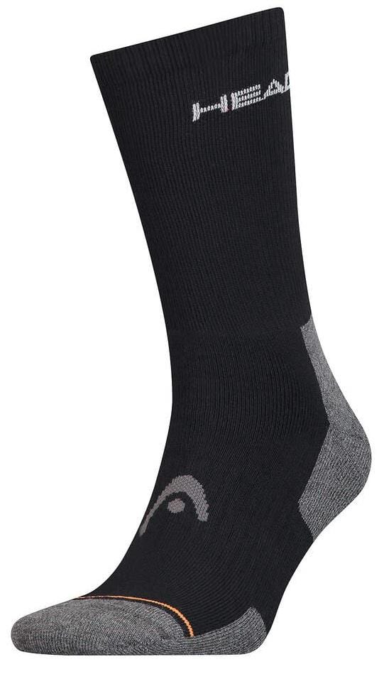 The HEAD Crew Athletes Tennis Sock in black features a ribbed texture, logo at the top, arch support, and reinforced gray toe and heel for durability.
