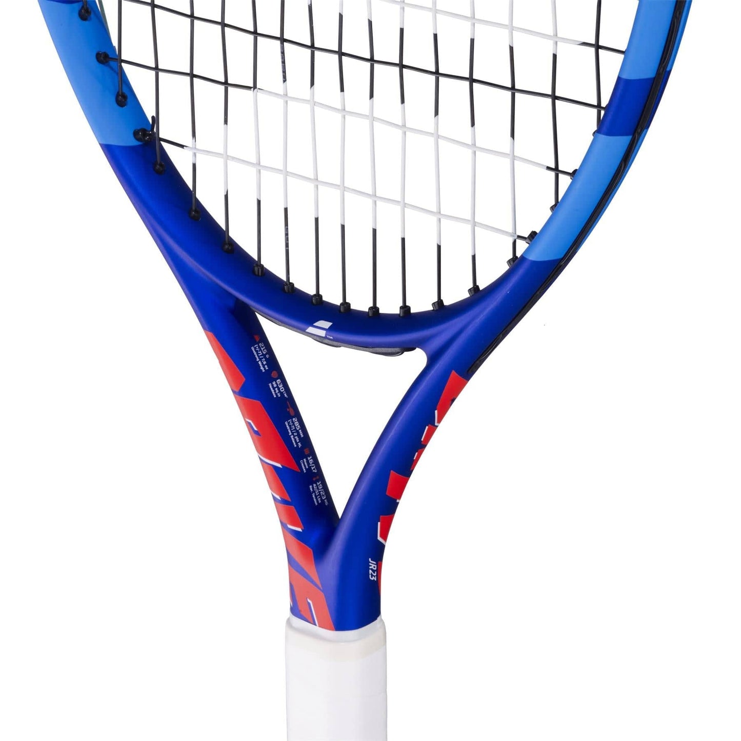 Close-up of the Babolat Drive Junior 23 Tennis Racket in blue, featuring red accents, white strings, and a white handle. Ideal for young intermediate players seeking both style and functionality on the court.