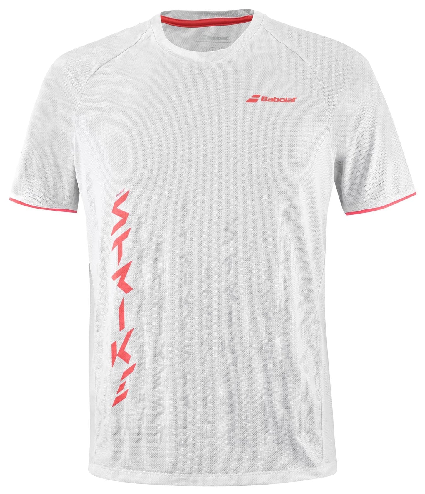 This Babolat Strike Men's Crew Neck Tennis T-Shirt in white showcases red accents on the sleeve edges, with "STRIKE" boldly printed in red vertically alongside transparent echoes. Designed with 360 Motion for enhanced flexibility, it features the iconic Babolat logo prominently on the left chest.