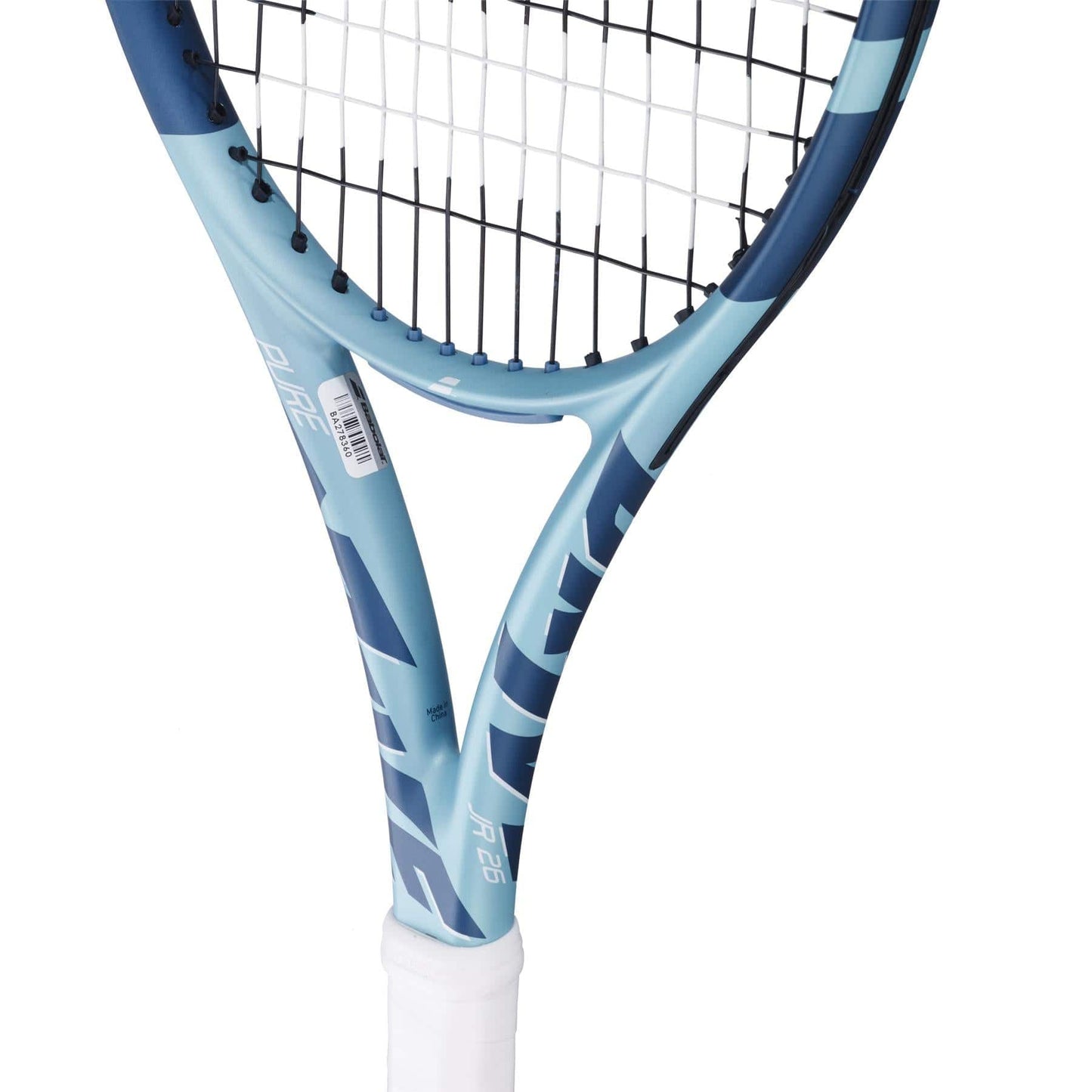 Close-up of a Babolat Pure Drive Junior 26 Gen 11 Tennis Racket in light blue with a partially visible handle. The white strings and frame are shown, featuring a barcode sticker on one side. Ideal for young competitors, set against a pristine white backdrop.