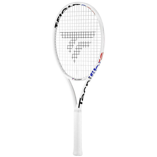 The Tecnifibre T-Fight 295 Isoflex Tennis Racket in white offers dynamic control, highlighted by a black logo centered on the strings and "Tecnifibre" branding adorning the frame. It features an RS Section design, with a white grip and subtle red and blue accents.
