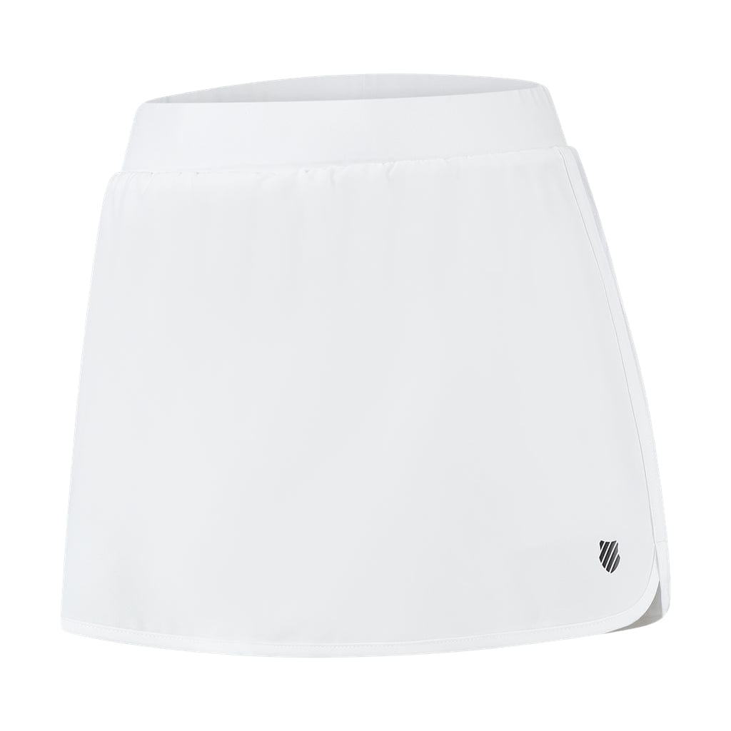 The K-Swiss Tac Hypercourt Pleated Tennis Skirt 4 in white is showcased against a white background, highlighting its elasticated waistband and discreet black logo located at the bottom right corner.