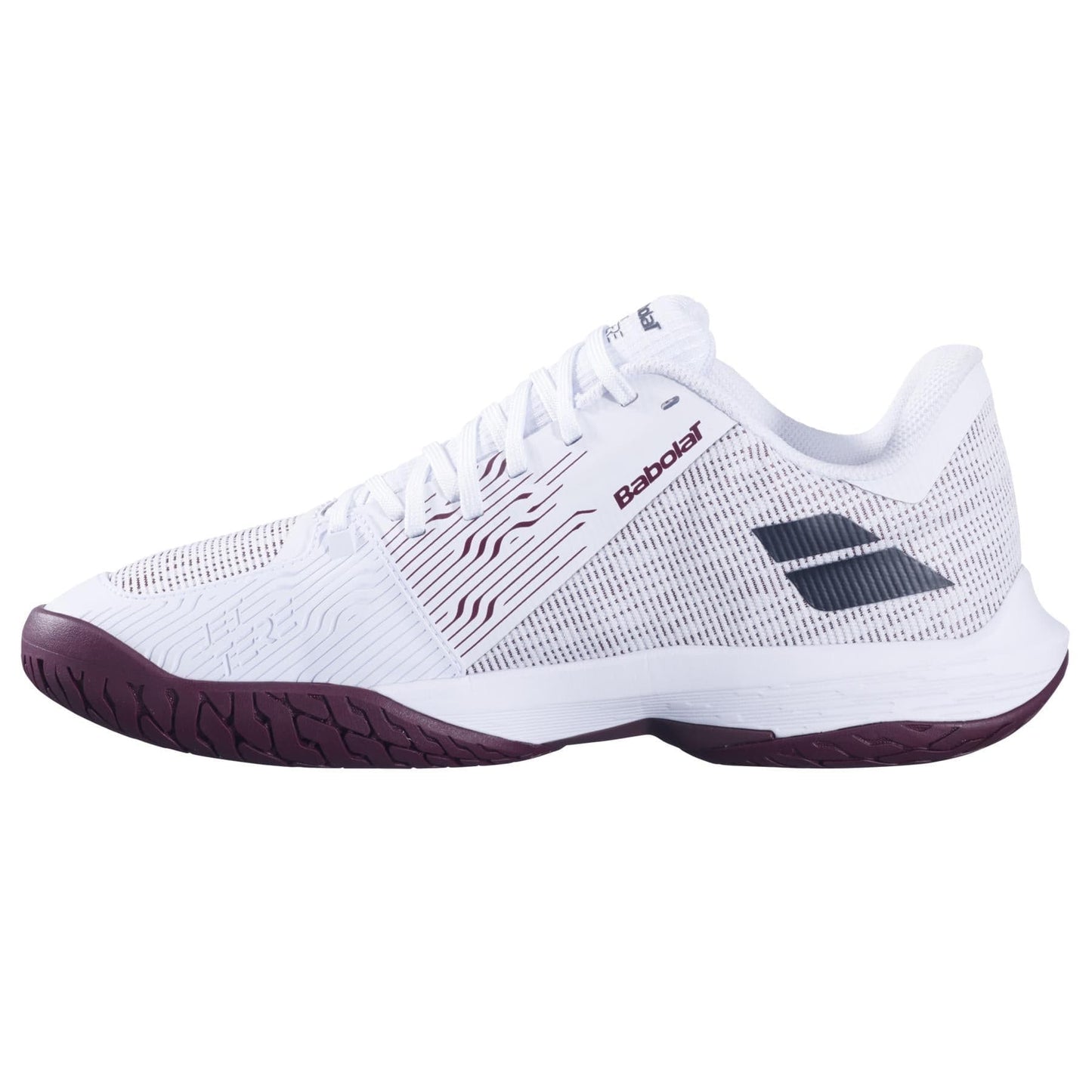The Babolat Jet Tere 2 Men’s Tennis Shoes in white and burgundy feature an ultra-lightweight, breathable mesh upper, textured sole, black and burgundy logo, Babolat branding on the side, lace-up closure, and low-top comfort.