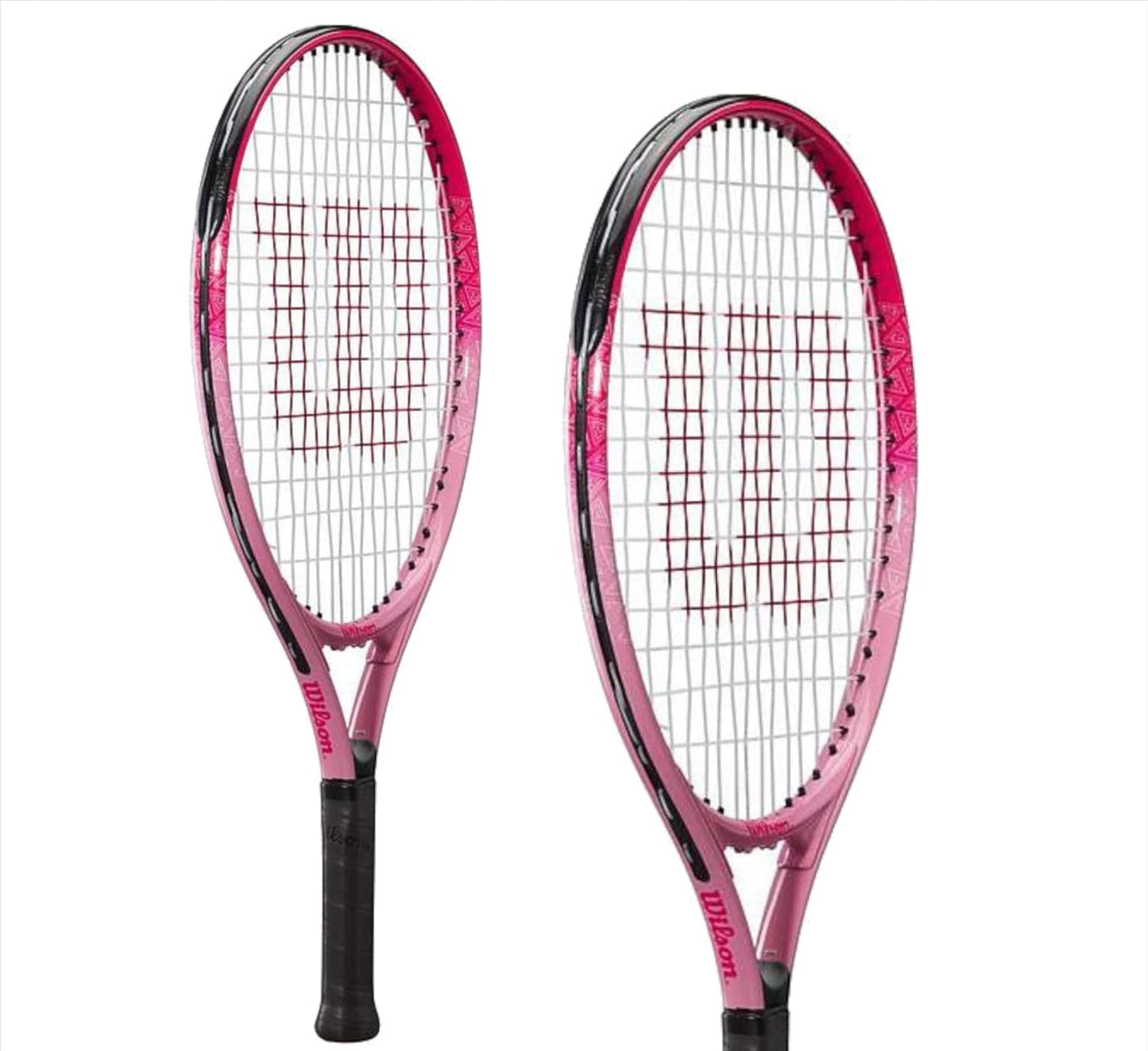 Two Wilson Burn Pink 21 Junior Tennis Rackets featuring a lightweight design with black handles are displayed. The strings form a grid pattern, and the Wilson brand name is visible on the throat and frame. Positioned side by side on a white background, these rackets are ideal for young tennis players.
