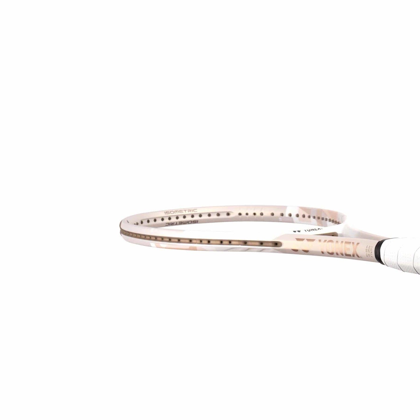 Close-up of the upper half of a Yonex VCORE 98L Tennis Racket in Sand Beige on a white background, featuring a sleek design with a thin frame and partially visible grip, enhanced by ISOMETRIC™ technology for better precision and power.