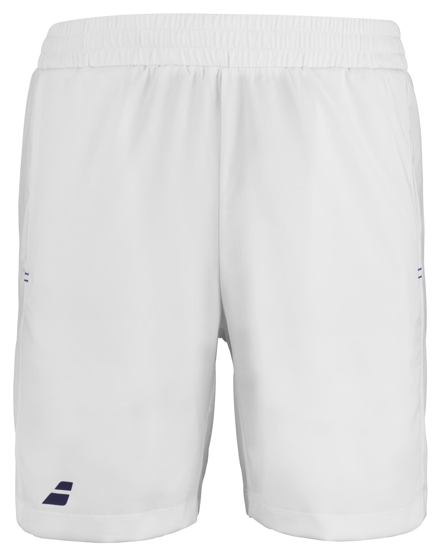 The Babolat Play Men's Tennis Shorts in white feature side pockets and a subtle blue logo on the lower leg. They are made from recycled polyester fabric, and the elasticized waistband provides comfort and flexibility, making them perfect for sports or casual wear.