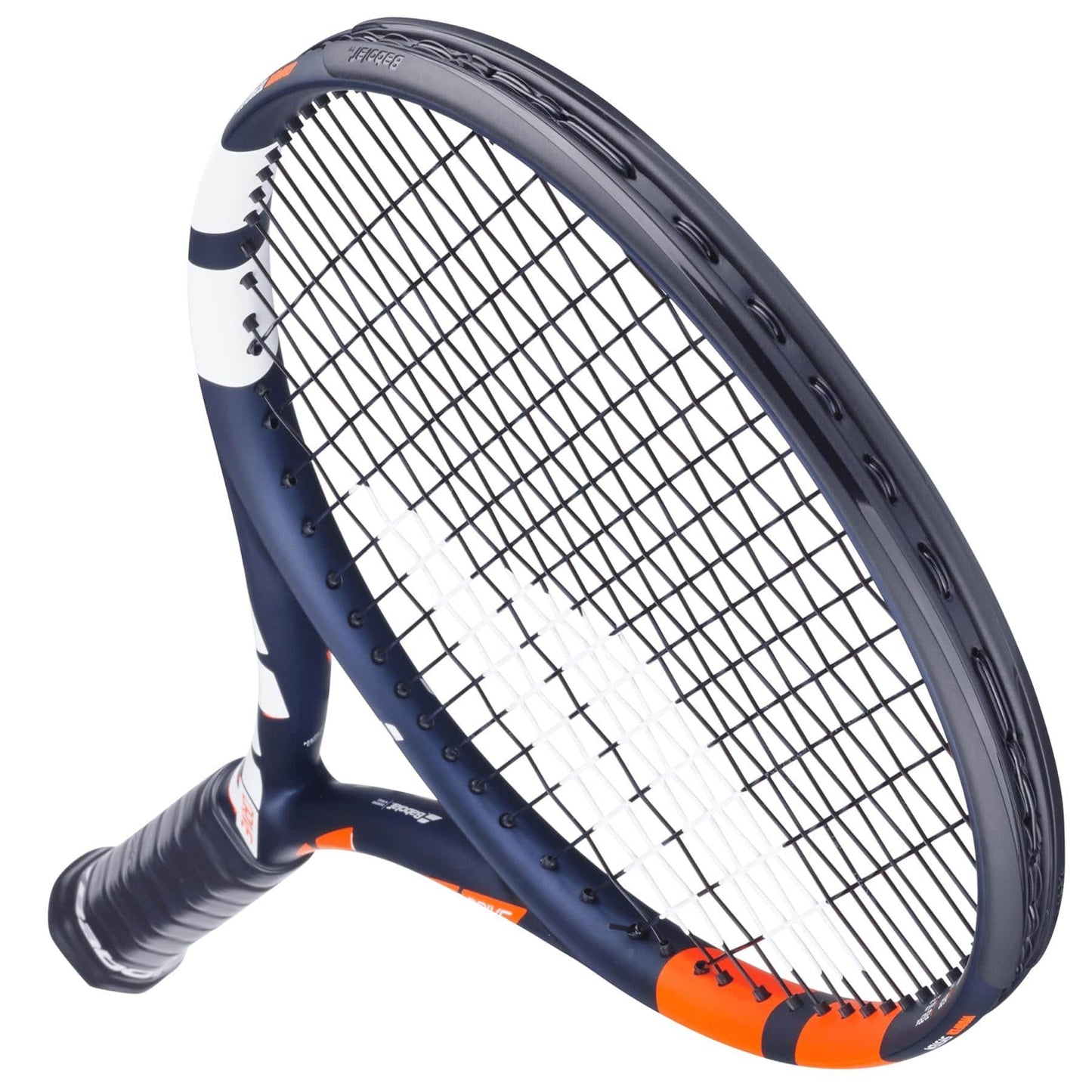 Angled on a white background, this close-up features the Babolat Boost Drive Tennis Racket with a sleek blue, orange, and white lightweight graphite frame. Equipped with tightly strung strings using the Woofer System and wrapped in black grip tape, it's a standout from Babolat.