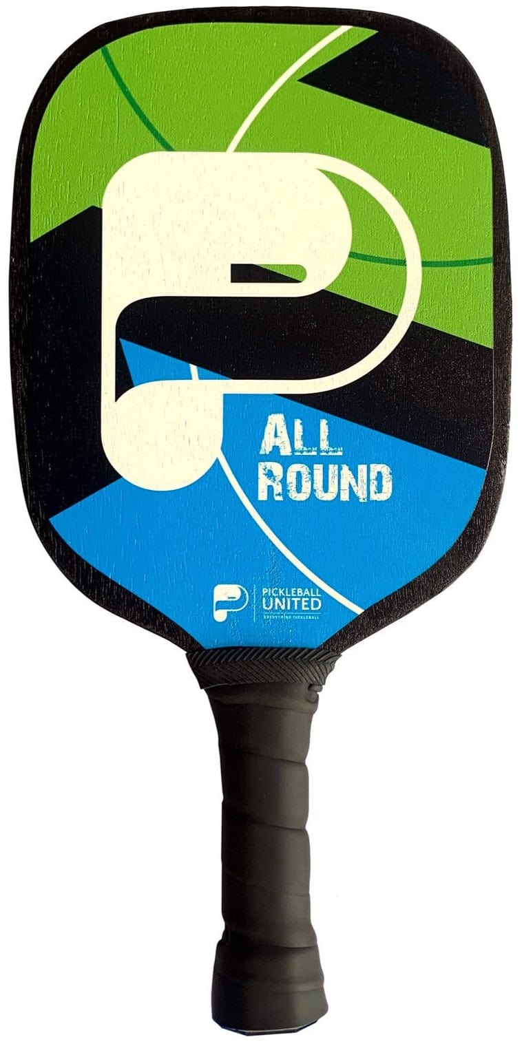 The Pickleball United All Round Pickleball Paddle features an ergonomic handle and a colorful black, blue, and green face with "ALL ROUND" and a large "P" logo printed on it.