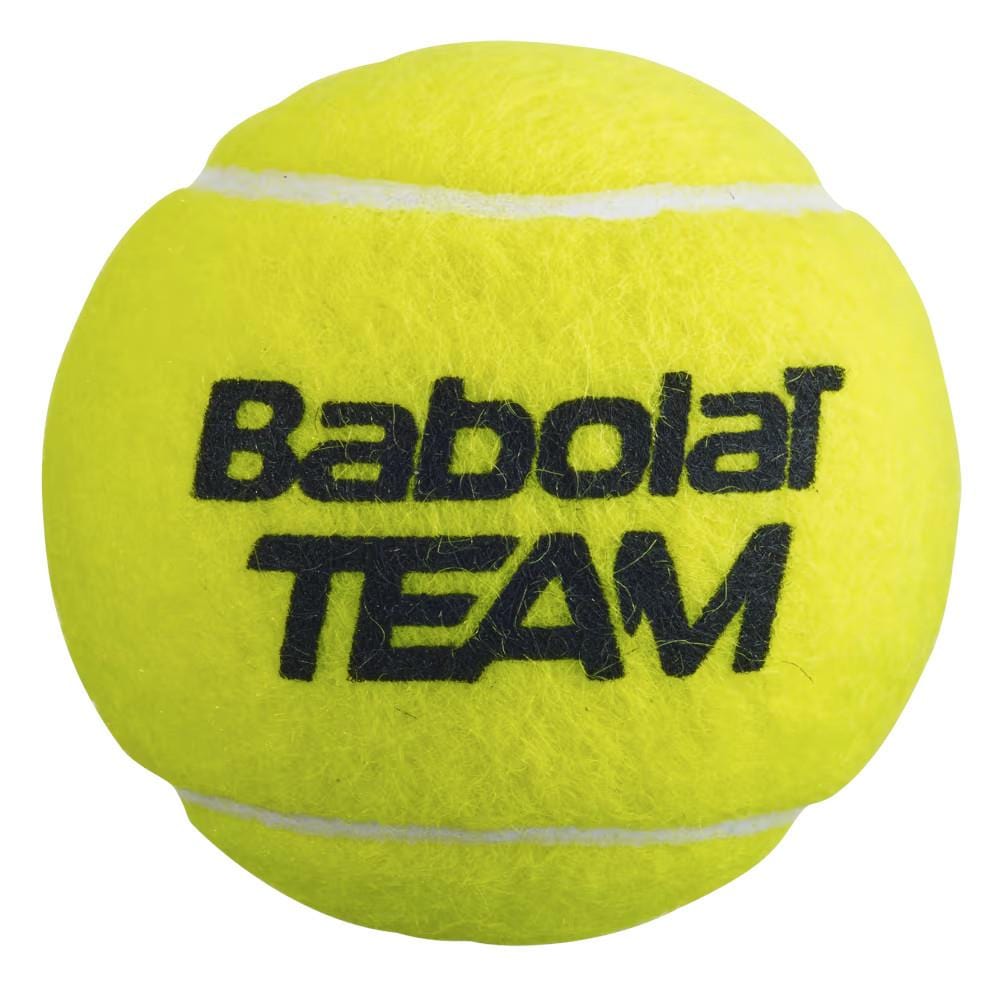 A vibrant yellow, high-performance tennis ball from the Babolat Team X4 collection, featuring bold black "Babolat TEAM" branding and ITF approval for professional use.