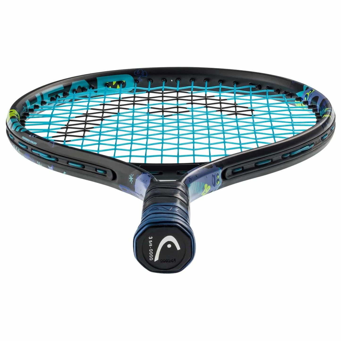 Close-up of the HEAD Novak 19 Junior Tennis Racket by HEAD, showcasing a black and blue frame adorned with floral patterns on the racket head. The strings are blue, and it's oriented with them facing the viewer. The handle is wrapped in black grip tape featuring a logo at the bottom, and it includes a damp+ insert for improved play.
