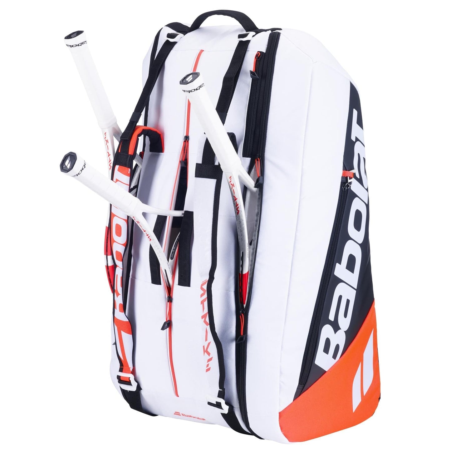 This stylish Babolat RH12 Pure Strike 4th Gen 12 Racket Tennis Bag, in a sleek white, black, and red design, is crafted with recycled polyester and features bold orange accents. It offers multiple compartments made from isothermal material and can accommodate three rackets with white grips. The iconic Babolat logo is prominently displayed on the side.