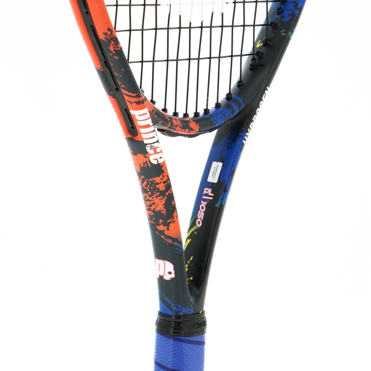 A close-up of a vibrant tennis racket highlights the "Prince" branding with Textreme X Technology. The striking black, blue, and red design of the Prince Beast Hydrogen Random 265g Tennis Racket (Frame Only), adorned with blue grip tape, stands out against a white background.