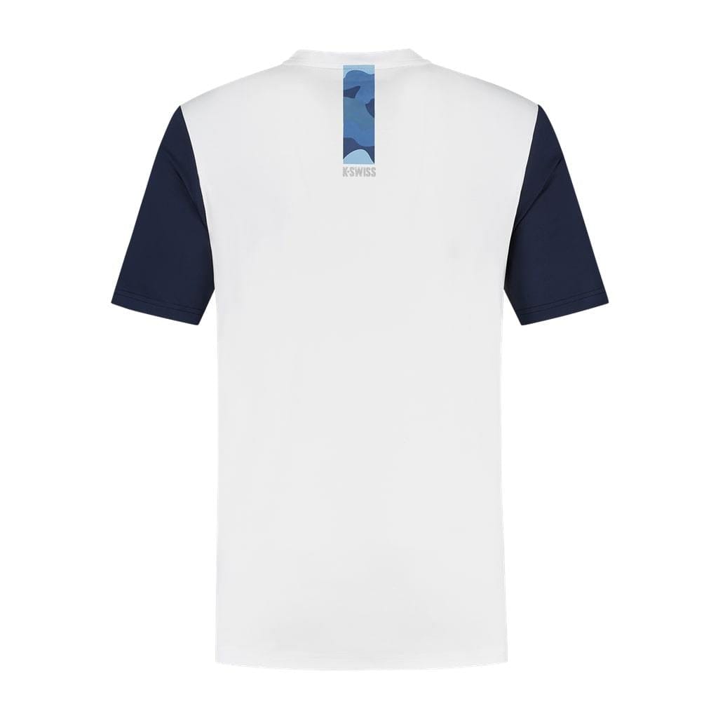 The image displays the reverse side of the K-Swiss Hypercourt Crew Tee 3 Men's Tennis T-Shirt in white, featuring dark blue sleeves. Made from breathable polyester, it includes a blue patterned decorative strip centered near the neckline above the K-Swiss Hypercourt logo. This shirt is part of their high-performance collection.