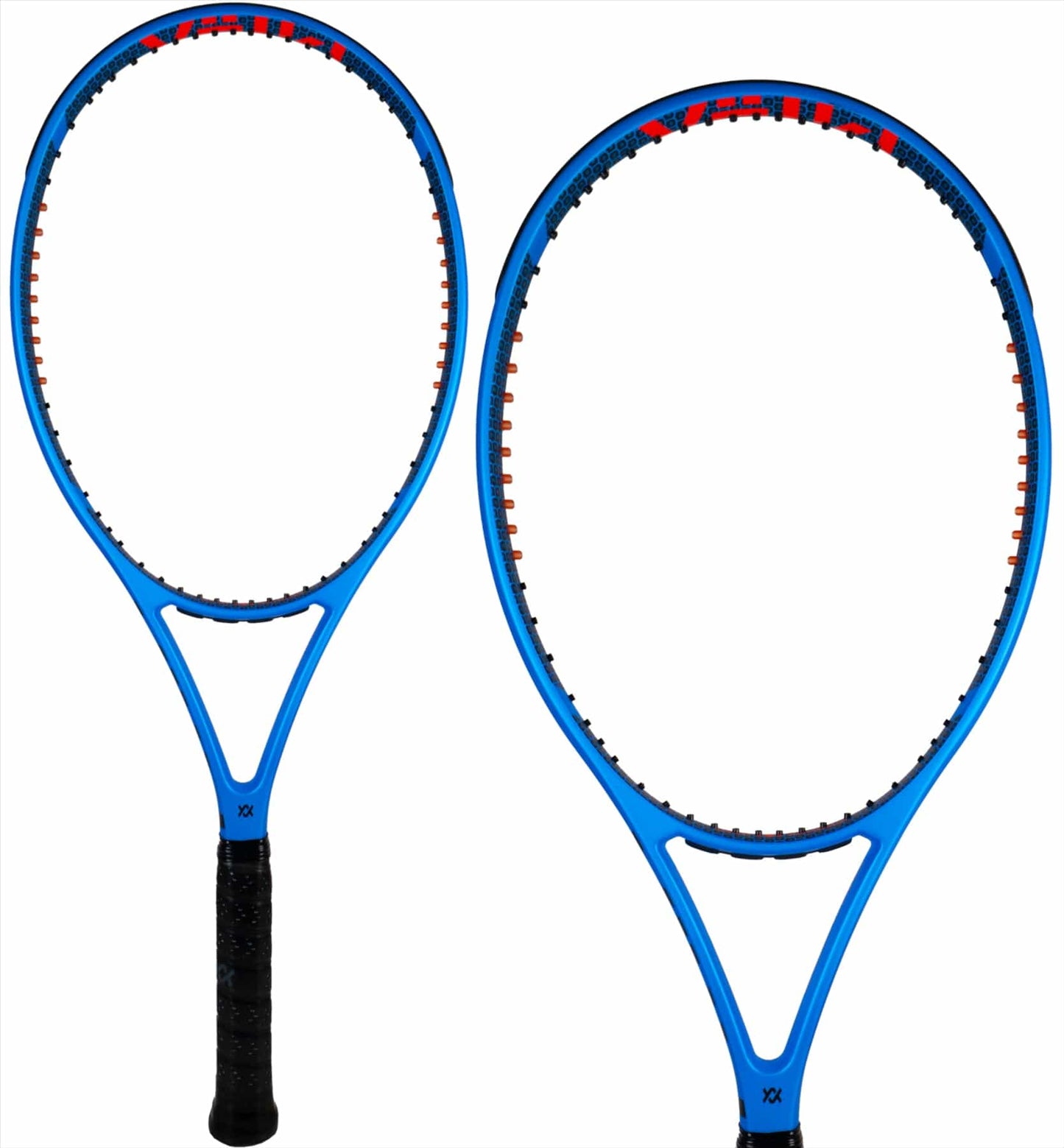 Two Volkl V-Cell 5 tennis rackets, featuring a blue and red color scheme, are displayed against a white background. Lightweight and stylish, these rackets come with black grips and red accents on the inner frame and strings, highlighting the Volkl logo on the throat.