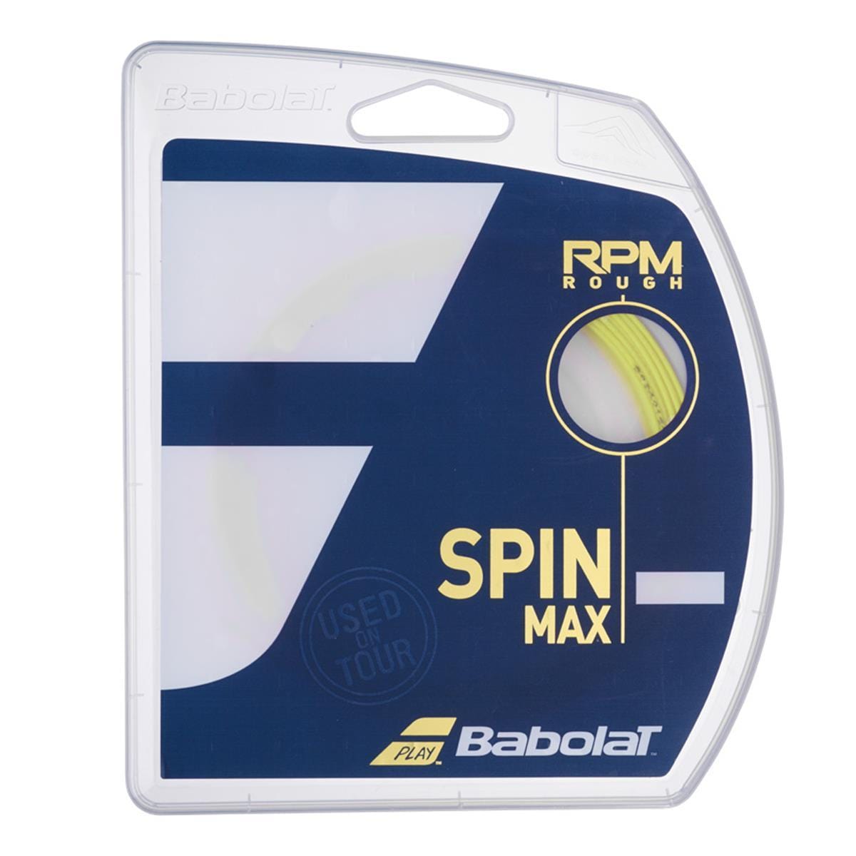 The Babolat RPM Rough Tennis String (12m) comes in an elegant blue and white package, with the phrase "Used on Tour" prominently showcased. Designed from co-polyester material, it offers improved spin and durability for every game.