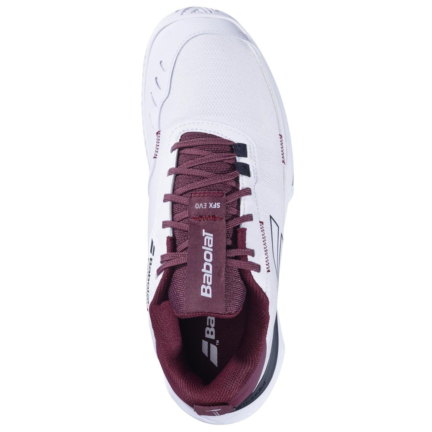 Babolat SFX Evo Men's Tennis Shoes in white and burgundy, designed for wide feet, feature maroon laces, Babolat branding on the tongue and side, and "SFX EVO" text near the laces. Viewed from above.