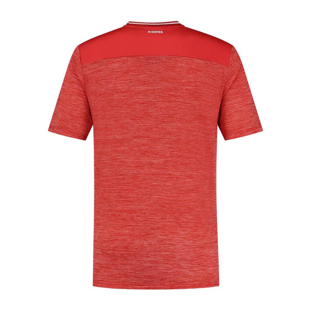 The K-Swiss Tac Hypercourt Tennis T-Shirt in Lollipop Melange offers a sporty and timeless look with its red short-sleeve design and heathered texture. Featuring a horizontal panel across the upper back and a small logo near the collar, it is showcased on a plain white background.