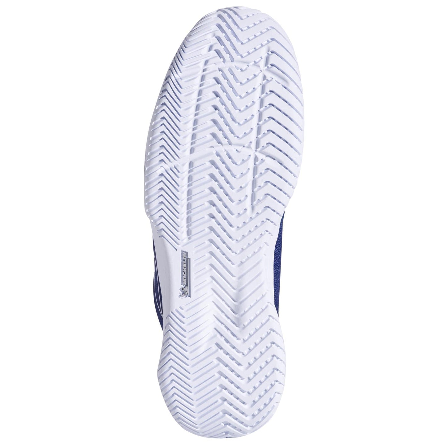 The image displays the sole of the Babolat SFX EVO All Court 2025 Men's Tennis Shoe in Dark Blue/White, featuring a white herringbone tread pattern made with Michelin Original rubber. It includes a logo near the center and grooves for traction.