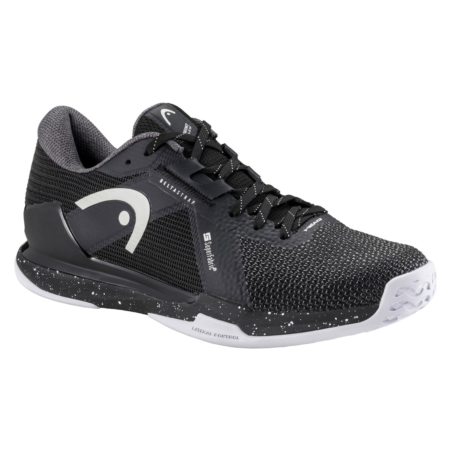 The HEAD Sprint Pro 4.0 SF Men's Tennis Shoes showcase a black textured mesh upper with SuperFabric, white accents, and speckled soles. They feature lace-up design, padded collar, OrthoLite insole, and branding on the side and tongue.