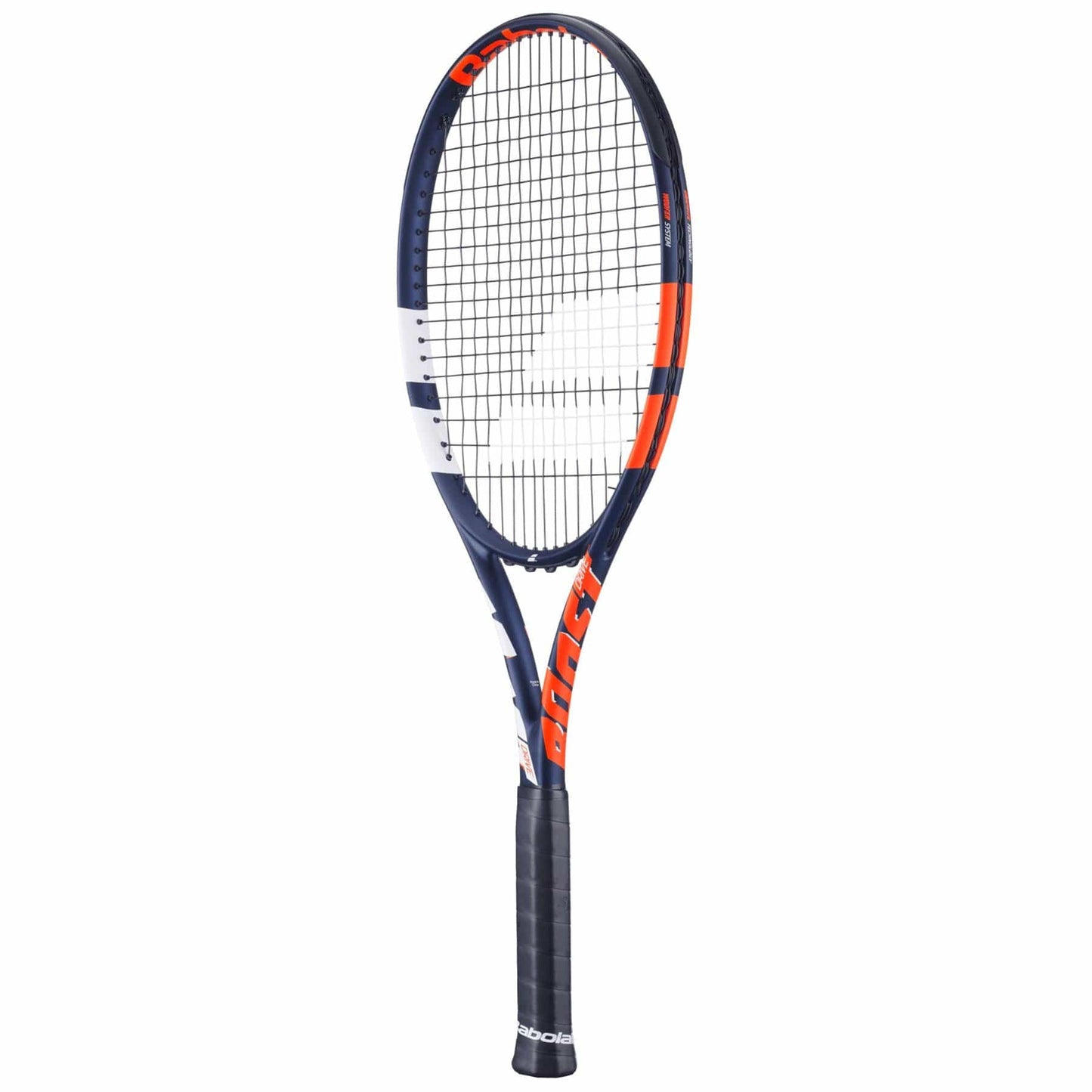 The Babolat Boost Drive Tennis Racket - Blue / Orange / White by Babolat showcases a colorful graphite frame with precisely patterned strings and a black grip tape on the handle for enhanced control.