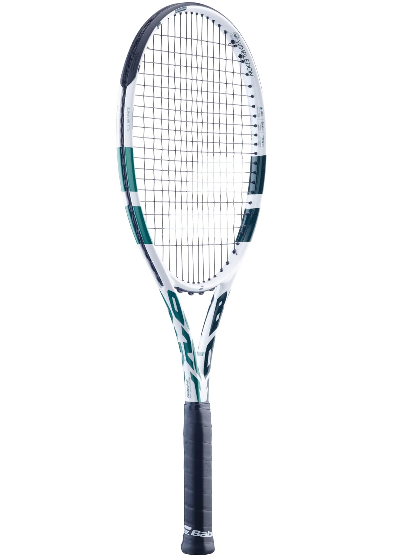 A Babolat Boost Drive Wimbledon tennis racket in white and green, equipped with a black grip and showcasing a sleek design. It features tightly woven strings and visible branding details on the frame. Ideal for bringing out your inner pro, this racket is striking against a plain white background.