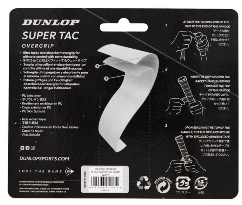 Image of Dunlop Super Tac Tennis Overgrip - 3 Pack - White packaging. Features installation instructions in four steps with visuals. Text describes product details: ultra-tacky, absorbent overgrip with a sticky surface for enhanced sweat absorption, PU skin layer, raised edge for control. Includes product codes and Dunlop logos.
