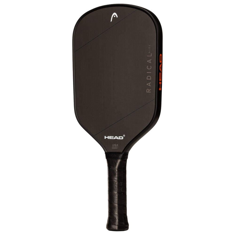 The HEAD Radical Nite Pickleball Paddle in black features SpinFusion technology, a rectangular face with rounded edges, and a textured grip handle, displayed against a white background.