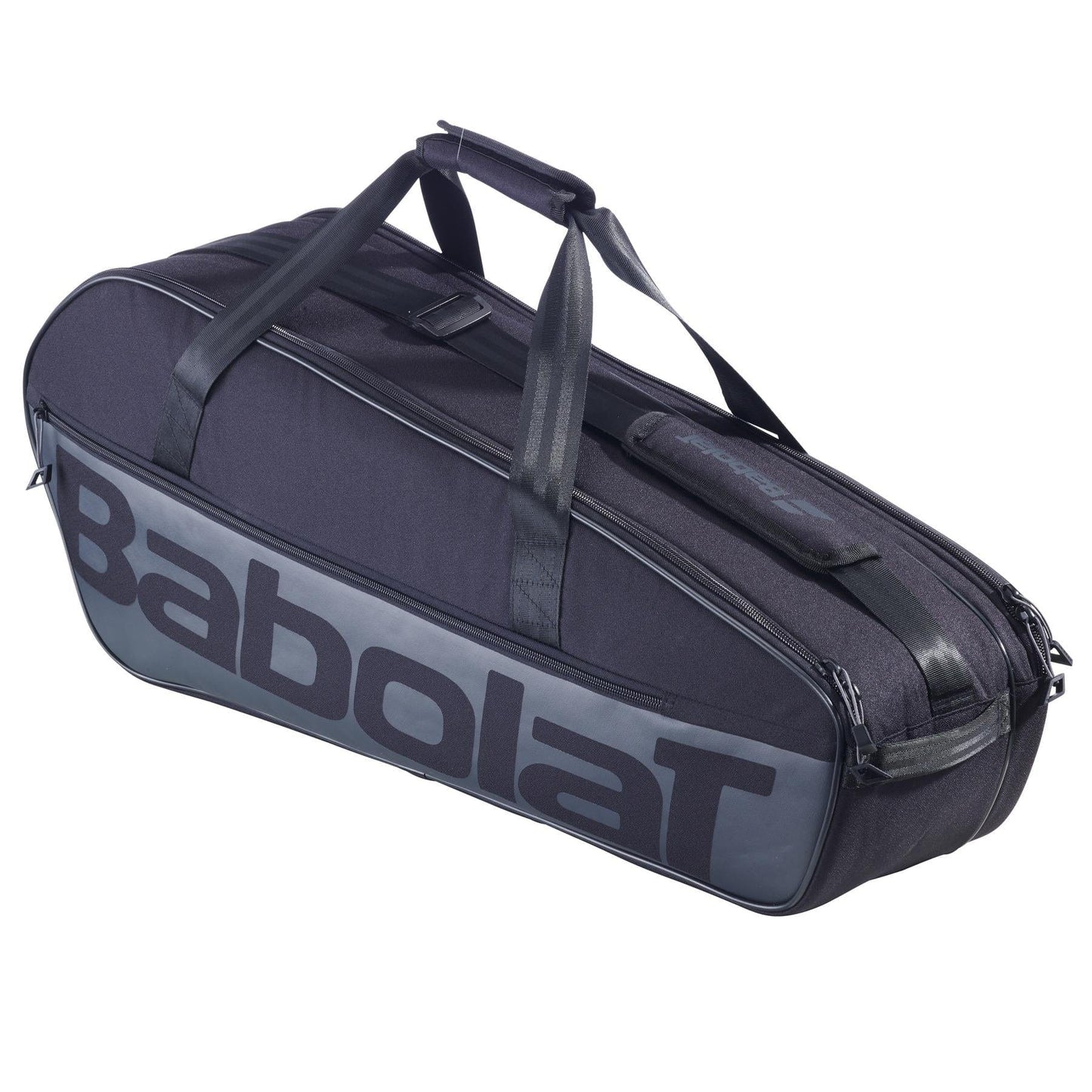 The Babolat Court M 6 Racket Tennis Bag - Black, crafted from recycled PET, offers a 40-liter capacity with multiple compartments and dual carrying handles.