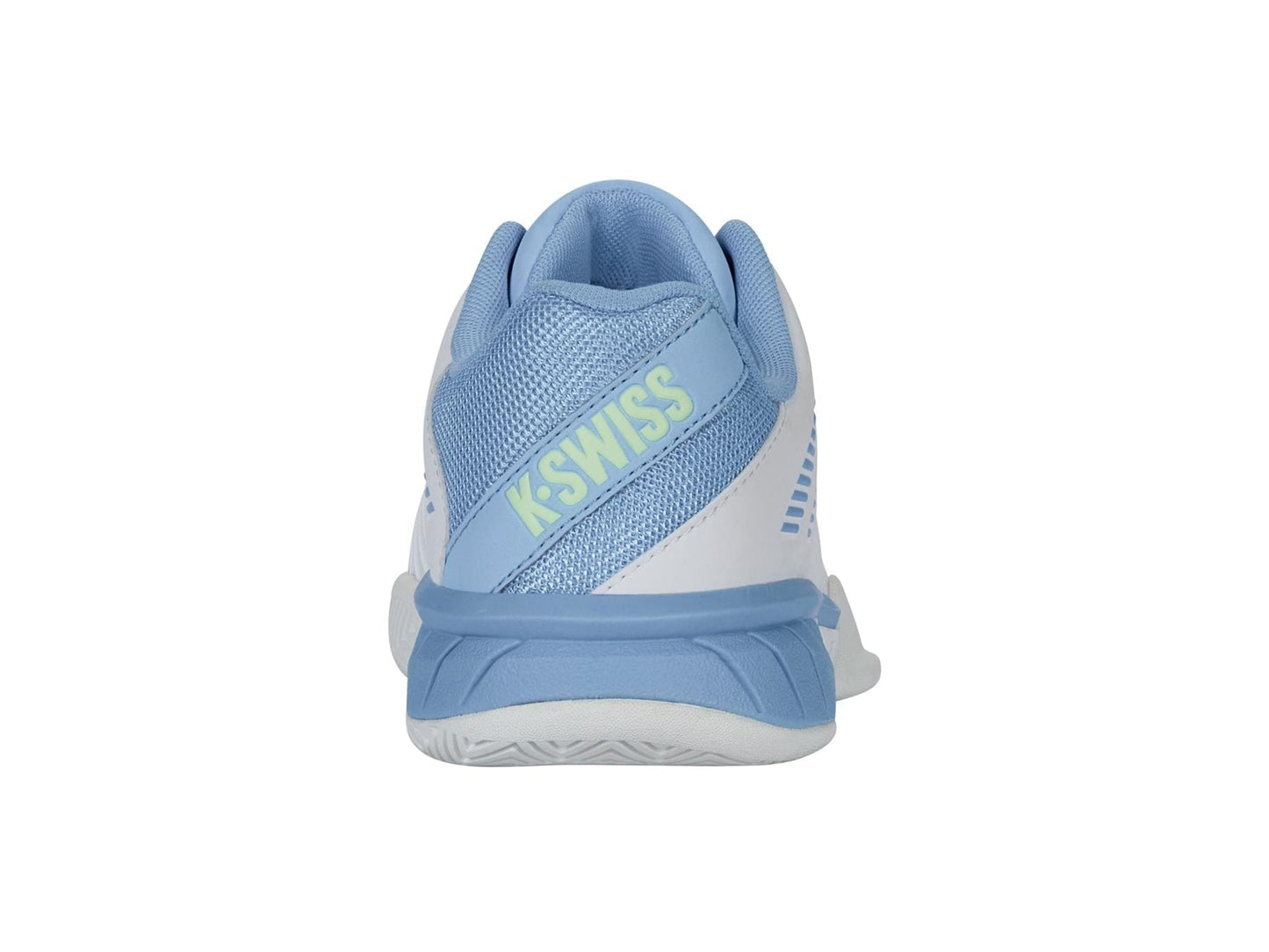 The back of the K-Swiss Express Light 3 women's tennis shoe in white/blue shows "K-Swiss" in green on the heel. It features light blue accents, DuraWrap Flex for durability, breathable mesh design, and a segmented sole for traction.