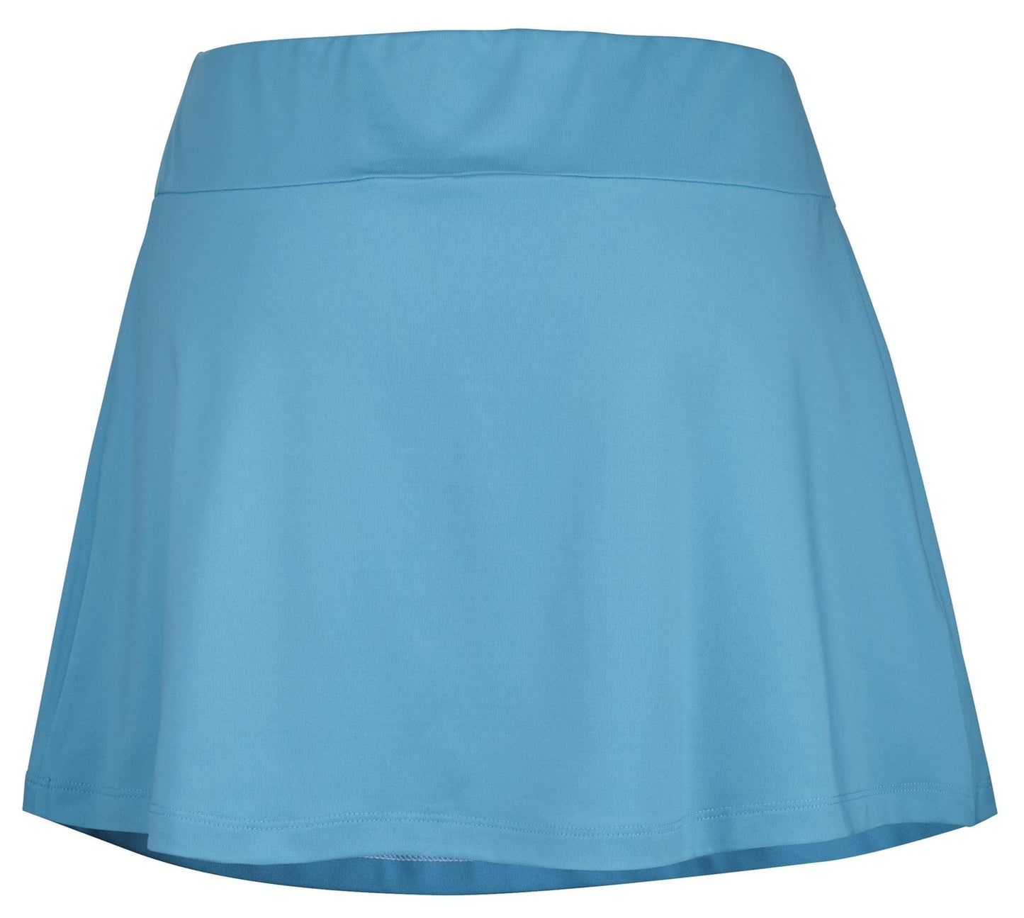 The Babolat Play Women's Tennis Skirt in Cyan Blue is a knee-length skirt designed for performance with a wide waistband. Its Fiber Dry fabric offers smooth comfort and sports a slight flare towards the hem.