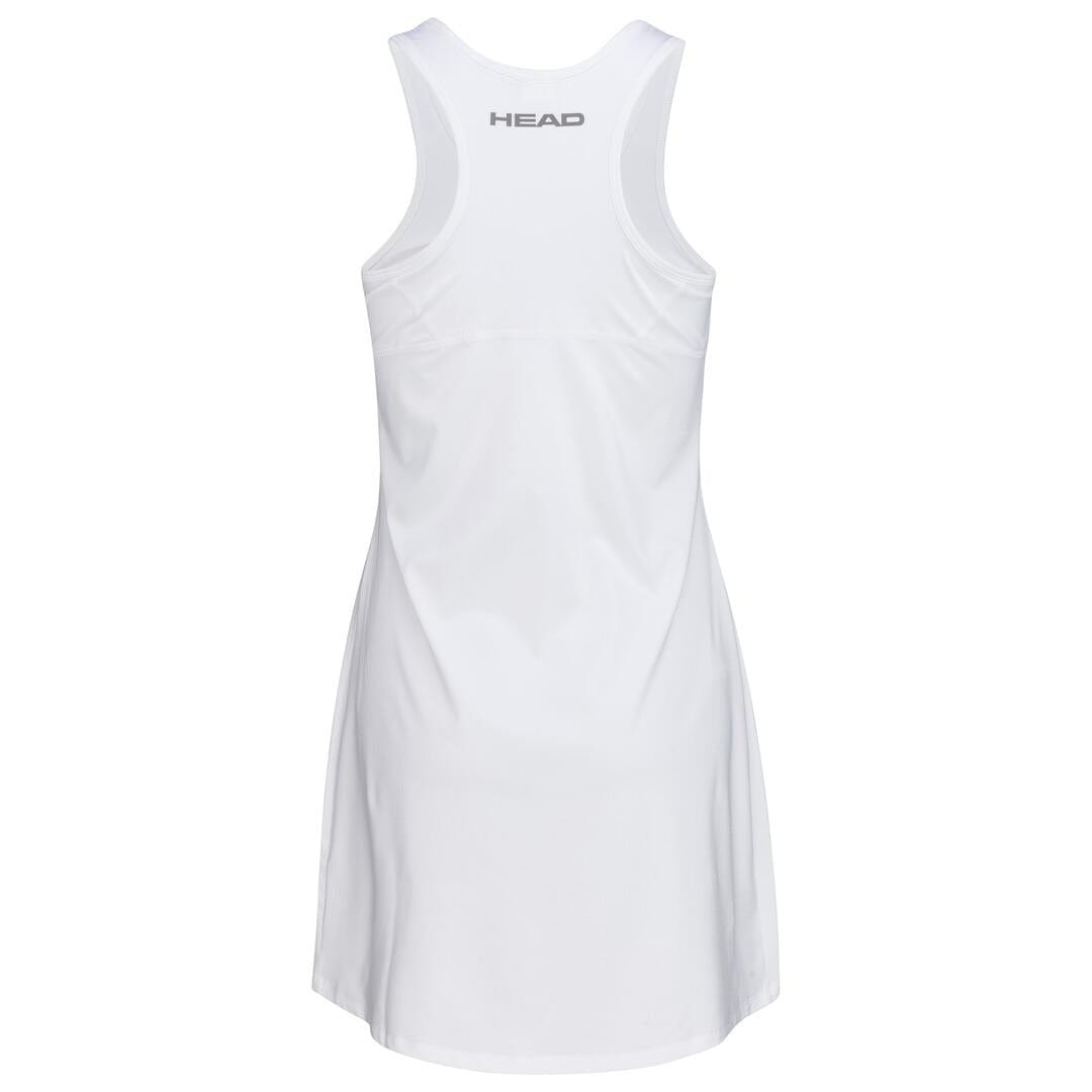 Take a look at the back view of the HEAD Women's Club 22 Tennis Dress in white, showcasing a racerback design with the iconic HEAD Sportswear logo positioned at the top. Made from lightweight and breathable fabric with moisture-transfer microfiber, this dress is perfect for sports activities.