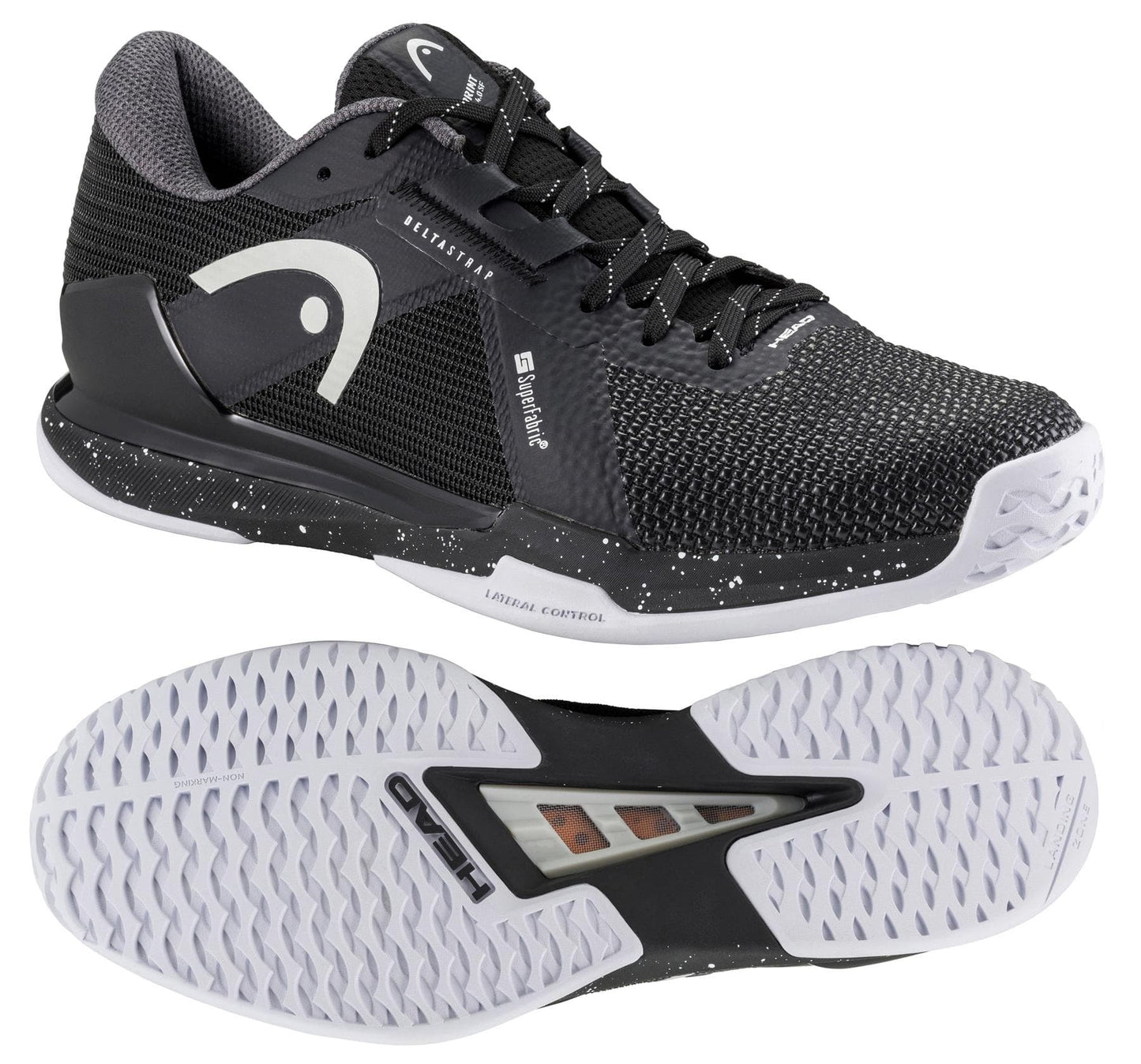 The HEAD Sprint Pro 4.0 SF Men's Tennis Shoes in Black and White feature a textured mesh design with brand logos on the sides, crafted from SuperFabric material. The soles are designed with white and black accents for enhanced grip and support.