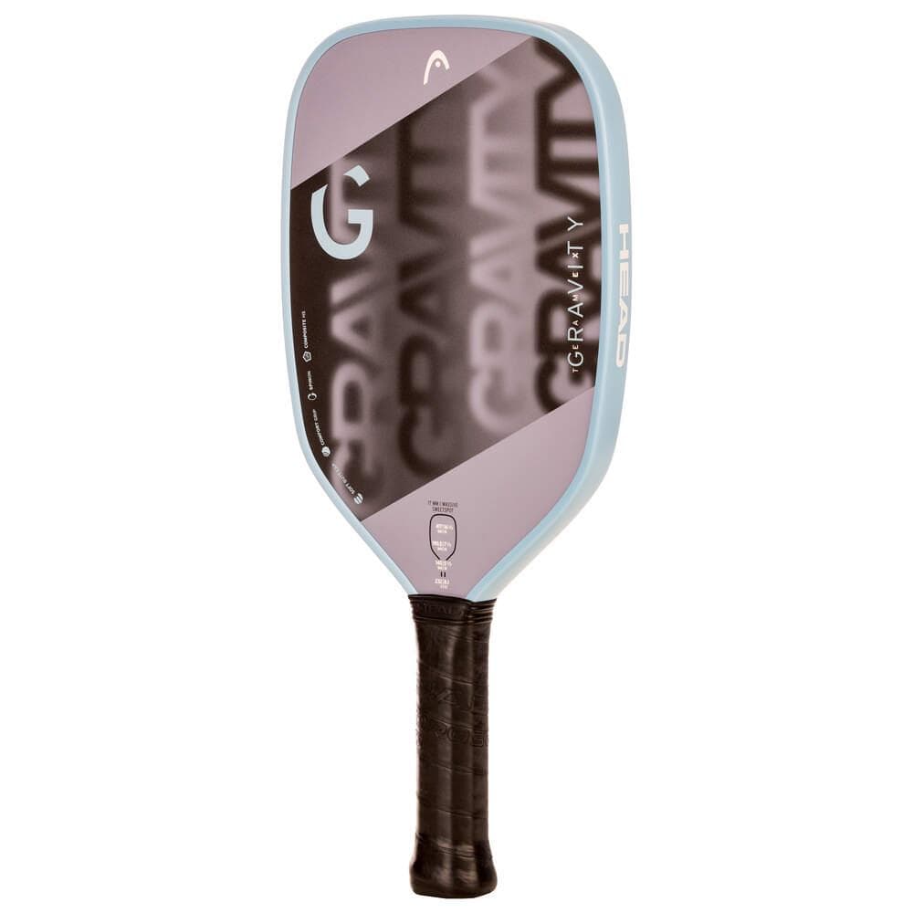 The HEAD Gravity Team EX 2025 Pickleball Paddle by HEAD features a black grip, blue edges, and a purple face with "GRAVITY" in bold letters, offering excellent spin potential and control on the court.