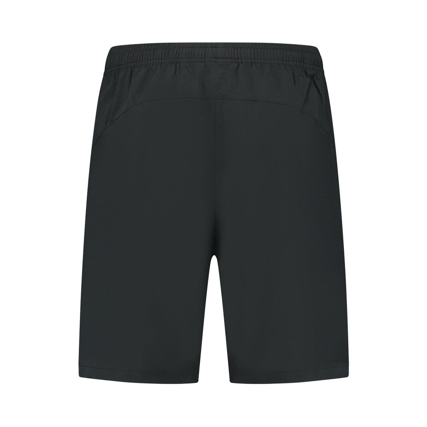 Back view of K-Swiss Hypercourt 7" Men's Tennis Shorts 2 in black, featuring an elastic waistband and smooth four-way stretch polyester fabric, perfect for sports or casual wear. Lack of visible logos or designs enhances their versatility.