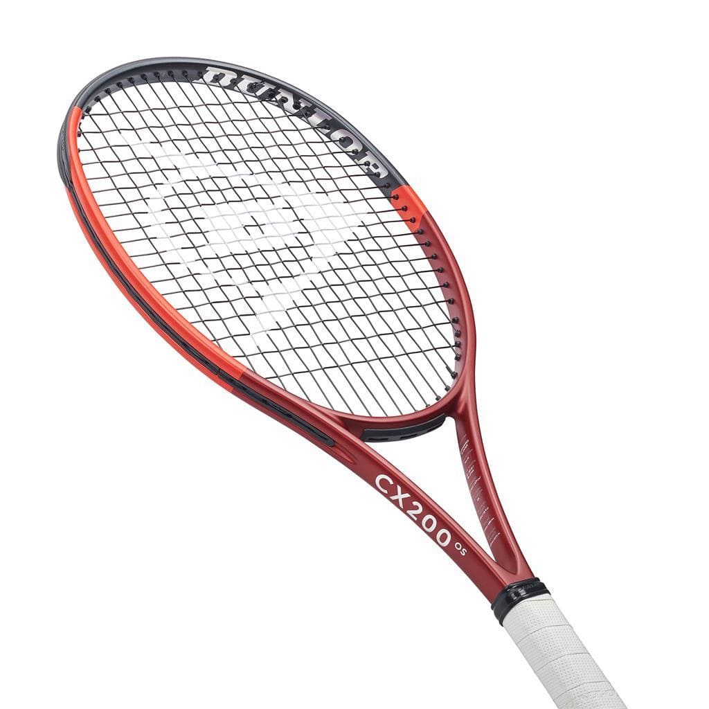 The Dunlop CX 200 OS 2024 Tennis Racket - Red, crafted for intermediate players, showcases a bold red design with black accents and a white grip. Its precise string pattern is designed to elevate your game.