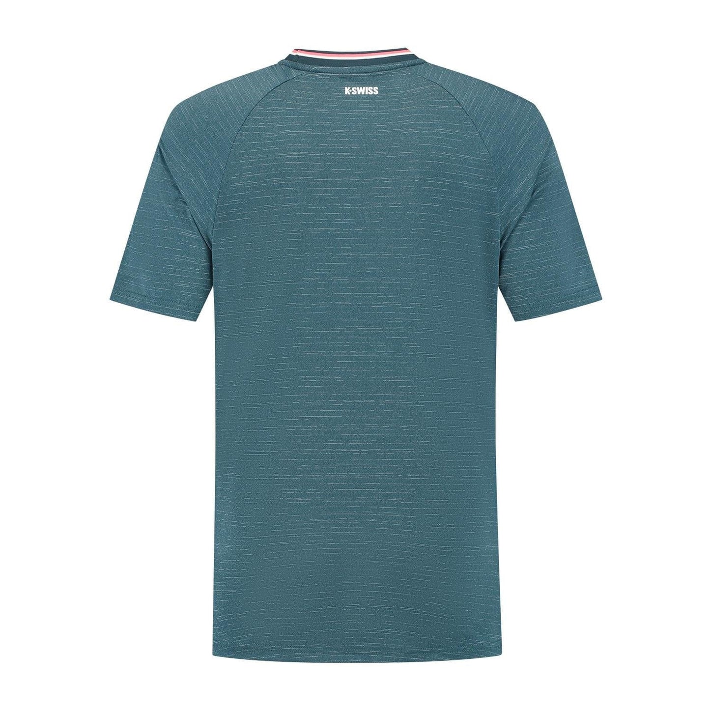 Back view of the K-Swiss Hypercourt men's melange tennis T-shirt in stargazer, featuring a subtle texture, perfect for performance players. A small red, white, and navy stripe adorns the neckline while "K-SWISS" is elegantly printed in white on the upper back.