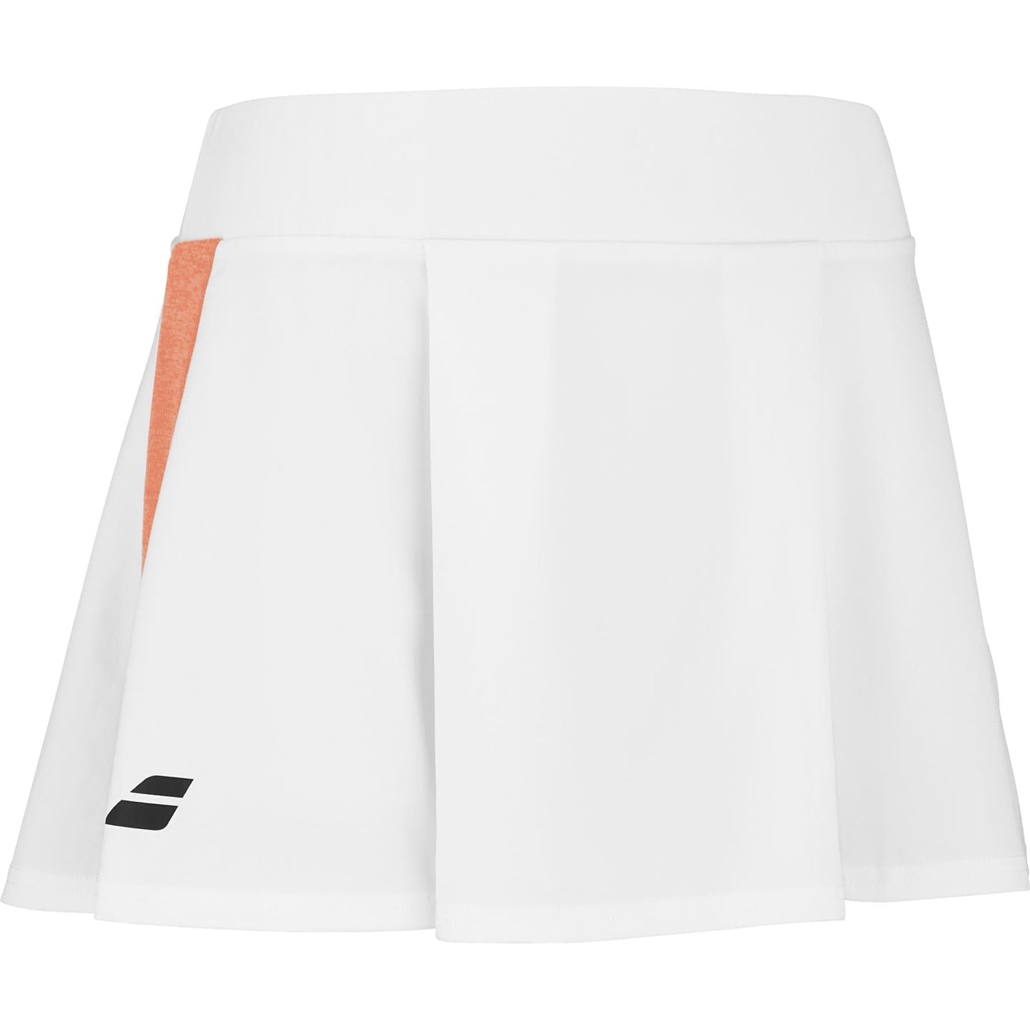 The Babolat Play Women's Tennis Skirt in white/orange features a stylish pleated design, wide waistband, and an orange stripe. Made from recycled polyester, it includes a small black logo near the hem for added flair.