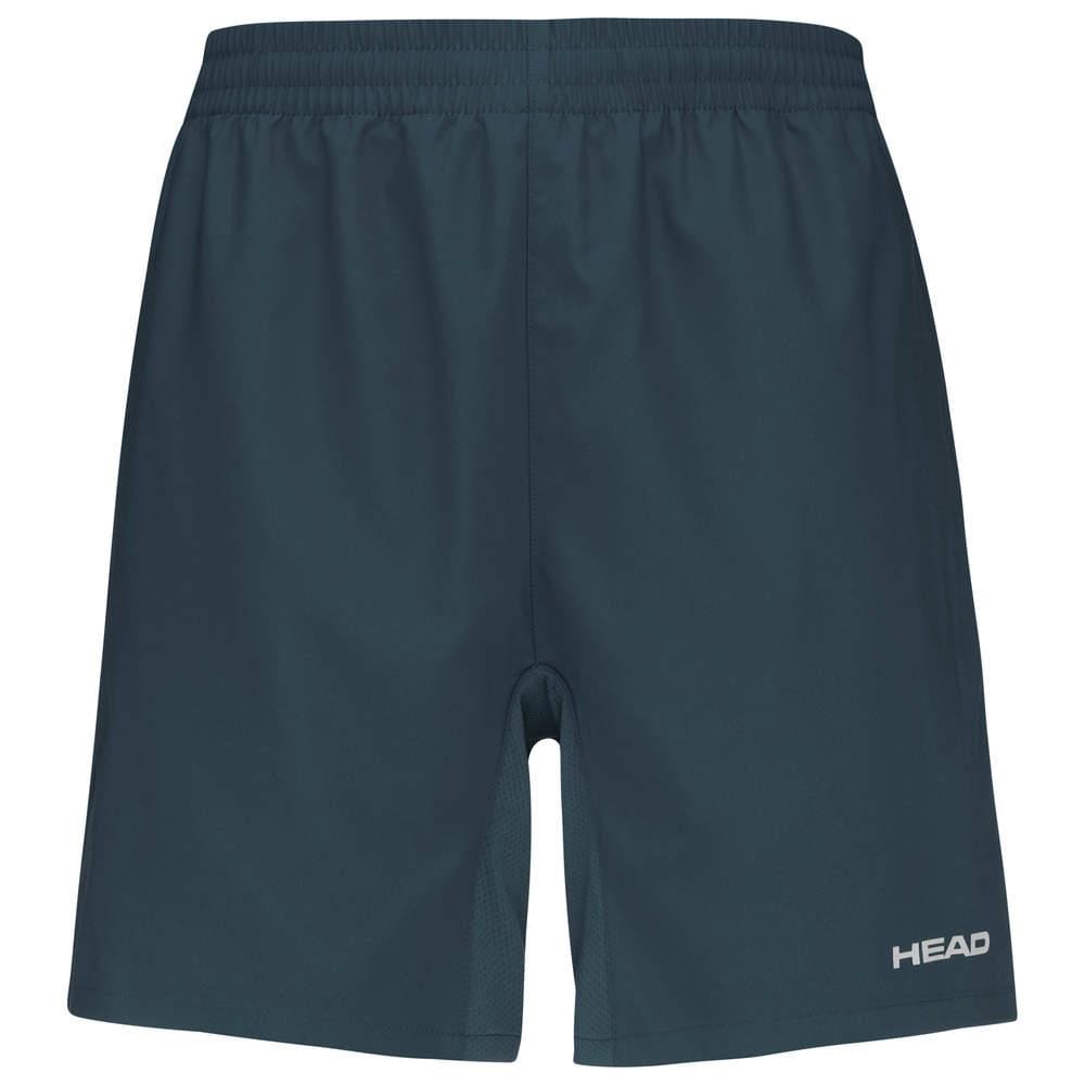 The HEAD Club Men's Tennis Shorts in navy feature an elasticated waistband. The "HEAD" logo is printed in white on the bottom right side. These knee-length shorts are made from breathable material to ensure comfort and performance on the court.