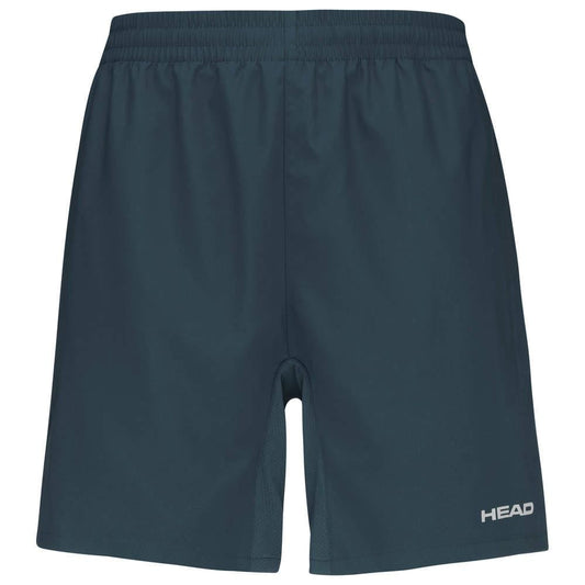 The HEAD Club Men's Tennis Shorts in navy feature an elasticated waistband. The "HEAD" logo is printed in white on the bottom right side. These knee-length shorts are made from breathable material to ensure comfort and performance on the court.