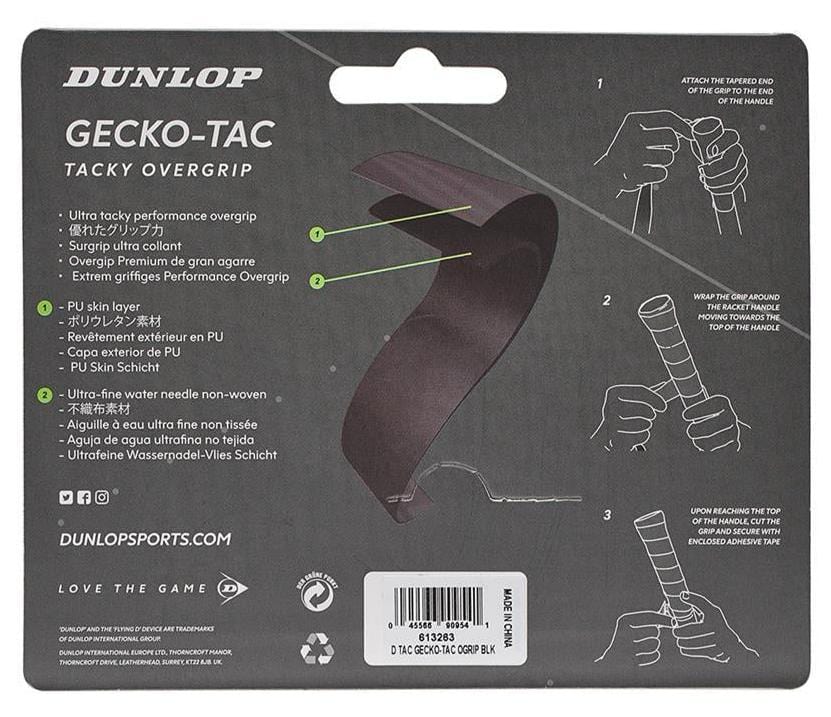 The Dunlop Gecko-Tac Tennis Overgrip - 3 Pack - Black packaging highlights its tacky surface technology, offering clear instructions and illustrations for wrapping it around a racket handle. This black grip enhances control, with multilingual text and product specifications included on the packaging.