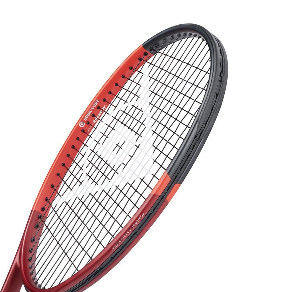Close-up of a red Dunlop CX 200 OS 2024 tennis racket, ideal for intermediate players. The strings form a grid pattern, and the brand name with its logo appear on the edge of the racket head, all set against a plain white background.