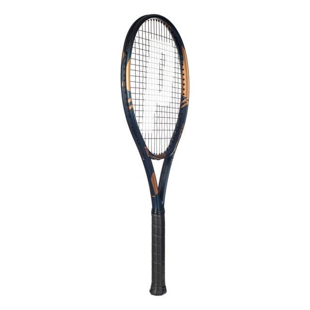 A blue and gold Prince Warrior 100 2023 265g Tennis Racket featuring tightly strung strings and a black grip handle, crafted by Prince from graphite, stands upright against a plain white background.