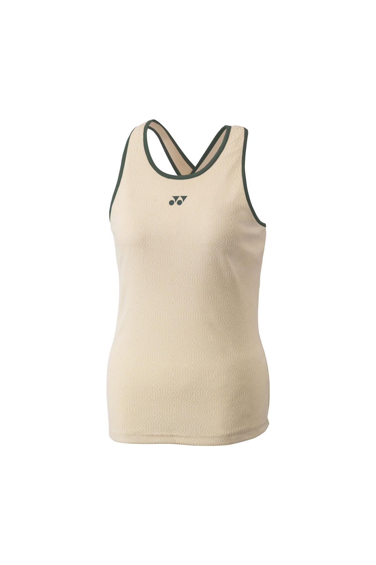 Introducing the Yonex 20757 Women's Tennis Tank Top - Sand, an athletic piece in beige with dark green trimming and a subtle circular pattern. Featuring a racerback design and a small logo on the chest, this tank top is crafted from cooling material Xylitol, making it perfect for high-performance tournaments and active wear alike.