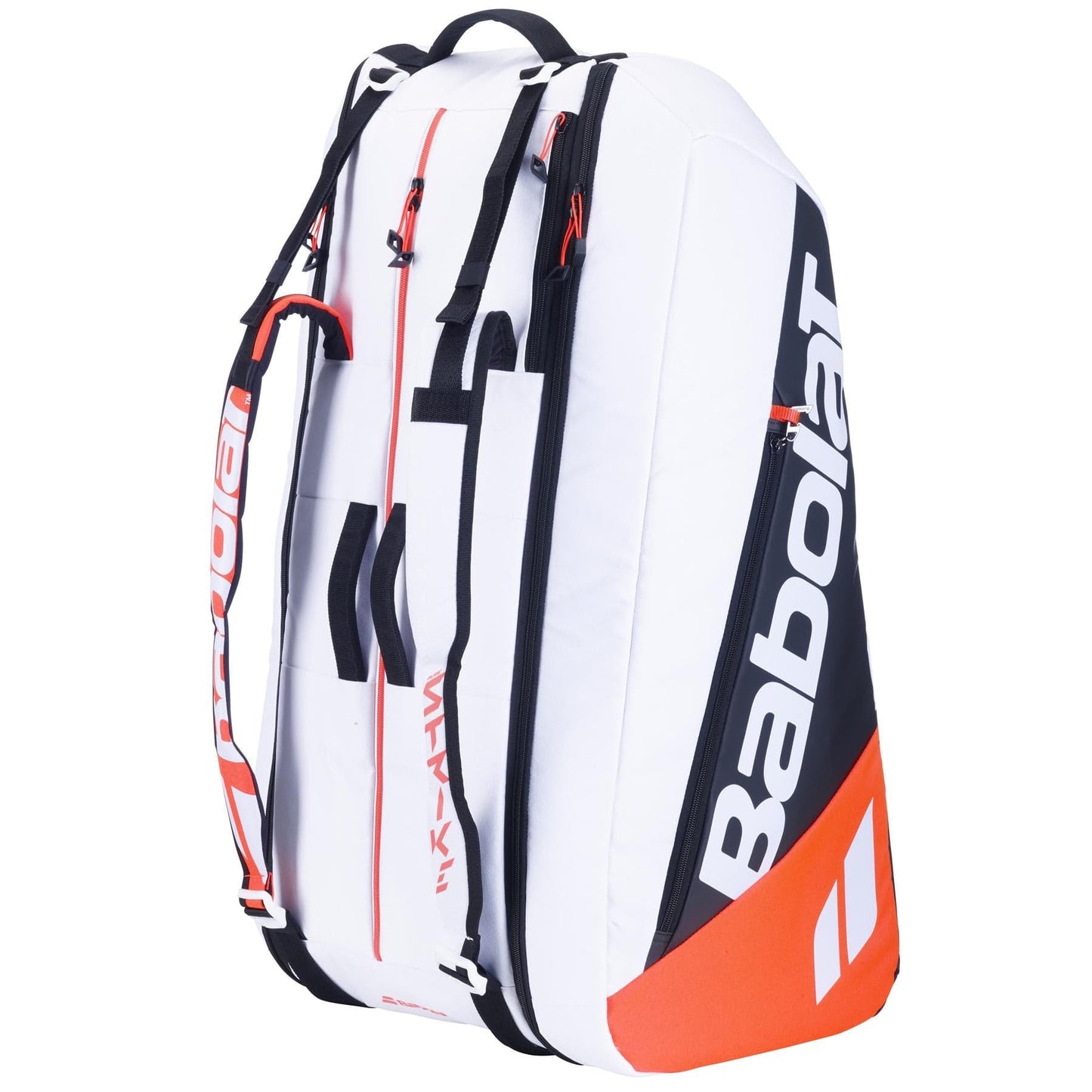 The Babolat RH12 Pure Strike 4th Gen 12 Racket Tennis Bag in white, black, and red is expertly crafted from recycled polyester. It includes multiple zippered compartments and shoulder straps for convenient gear transport. The brand name is prominently displayed in large letters along the side, providing a stylish yet eco-friendly choice.