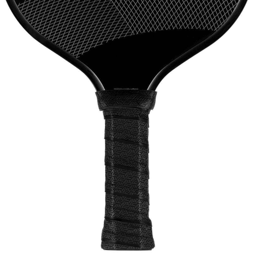Close-up of the Lizard Skin DSP Ultra Pickleball Grip 0.8mm in Jet Black, showcasing its textured grip by Lizard Skin for enhanced tackiness and durability, plus a glimpse of the paddle face with a crisscross pattern.