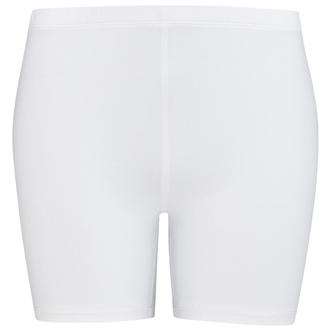 Displayed against a white background, the HEAD compression shorts boast a straightforward design with a noticeable vertical seam. Crafted from Moisture Transfer Microfiber, these plain white shorts from HEAD Sportswear provide ultimate comfort and dryness, perfect for wearing alone or underneath the HEAD Women's Club 22 Tennis Dress in White.