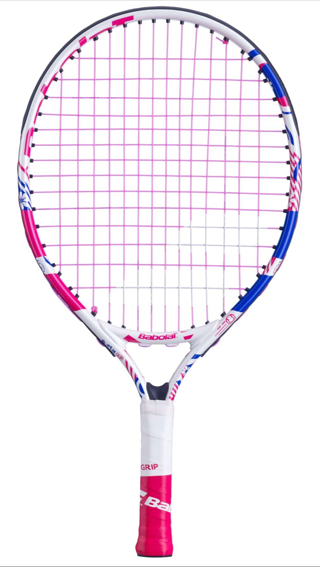 The Babolat B-Fly 17 Junior Tennis Racket is a vibrant tennis racket designed for beginners, featuring a white frame adorned with blue and pink accents. It has a white grip and pink strings, making it an ideal choice for children's tennis equipment. The brand name, Babolat, is prominently displayed on the frame.